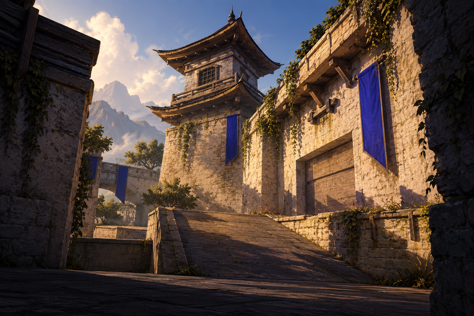 Stone arena towers and blue banners